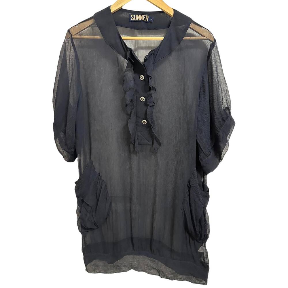 Sunner Silk Short Sleeves Tunic‎ Top Ruffle Accent Black Size Small